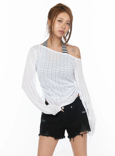 string-detail-see-through-long-sleeve-tee-cu502 / White