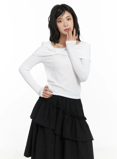 off-shoulder-bow-long-sleeve-top-cd502 / White