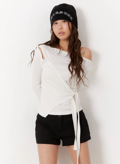 studded-off-shoulder-wrap-tie-long-sleeve-top-cd515 / White