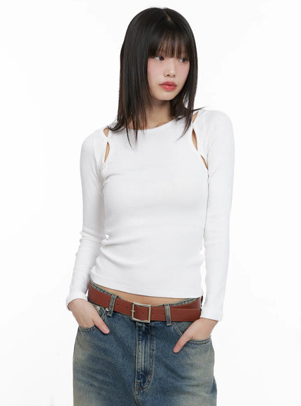 ribbed-cut-out-long-sleeve-top-cg518 / White
