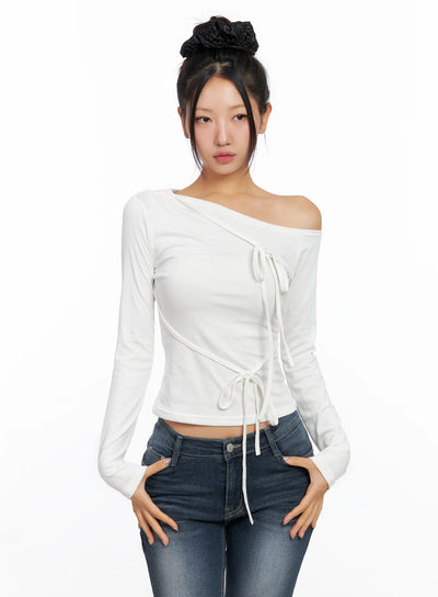 ribbon-one-shoulder-long-sleeve-top-co514 / White