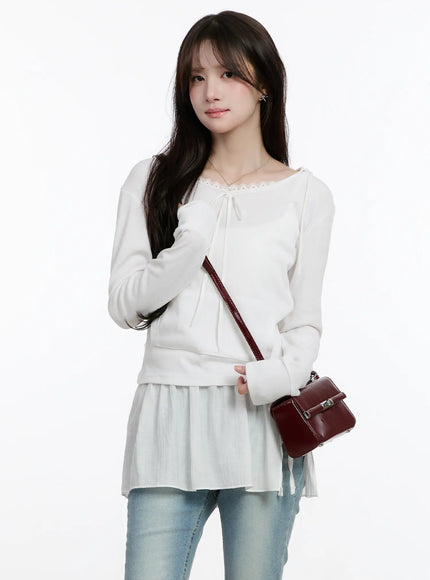 lace-ribbon-hooded-long-sleeve-top-cm505 / White