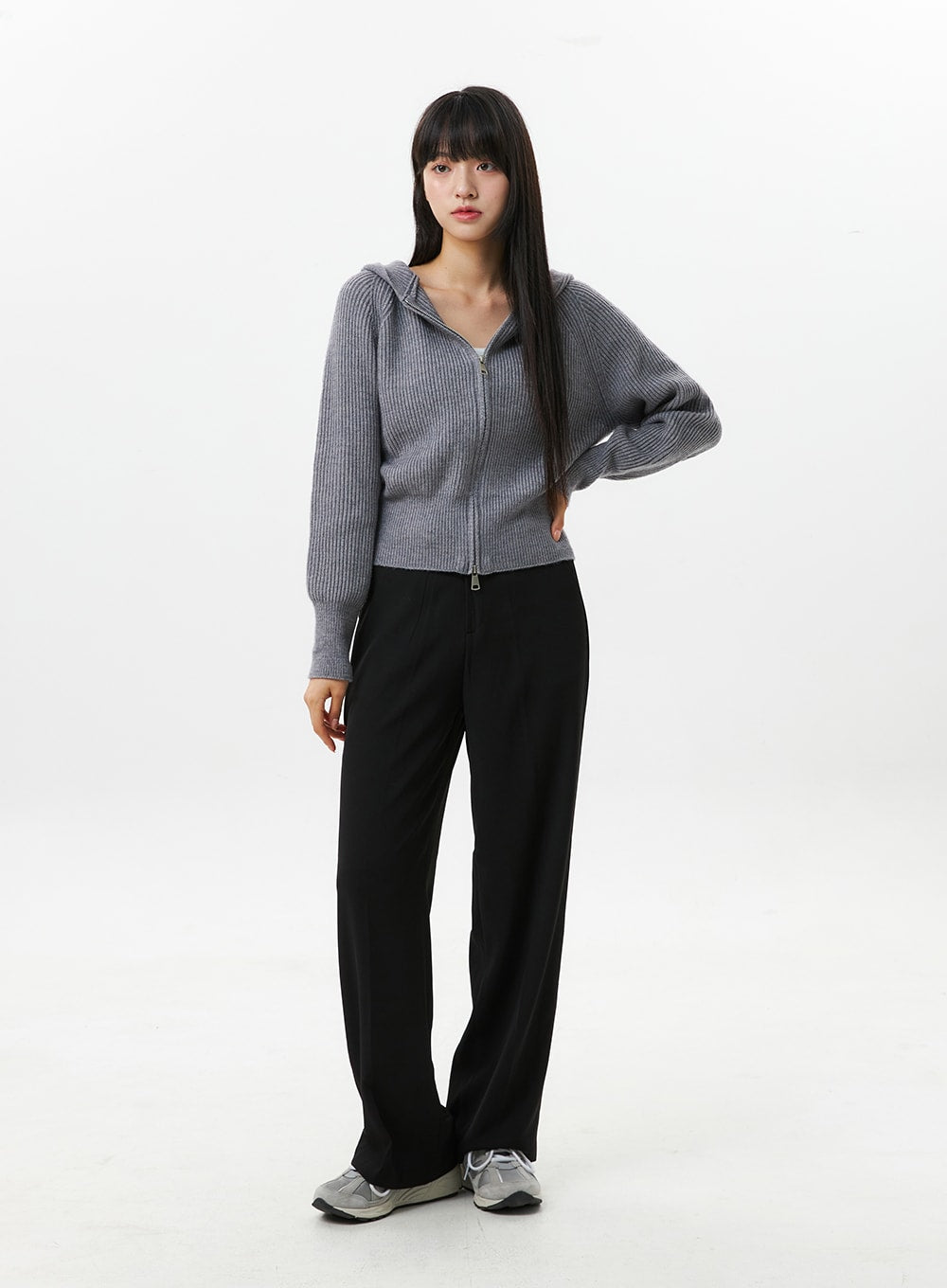Hoodie Zip-Up Knit Sweater OS305 - Korean Women's Fashion