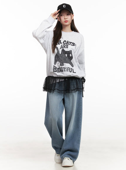 Oversized Cat Graphic Crew Neck IJ527