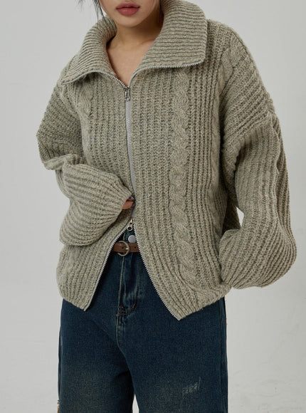 Twist Pattern Two Way Zipper Knit Cardigan CD20