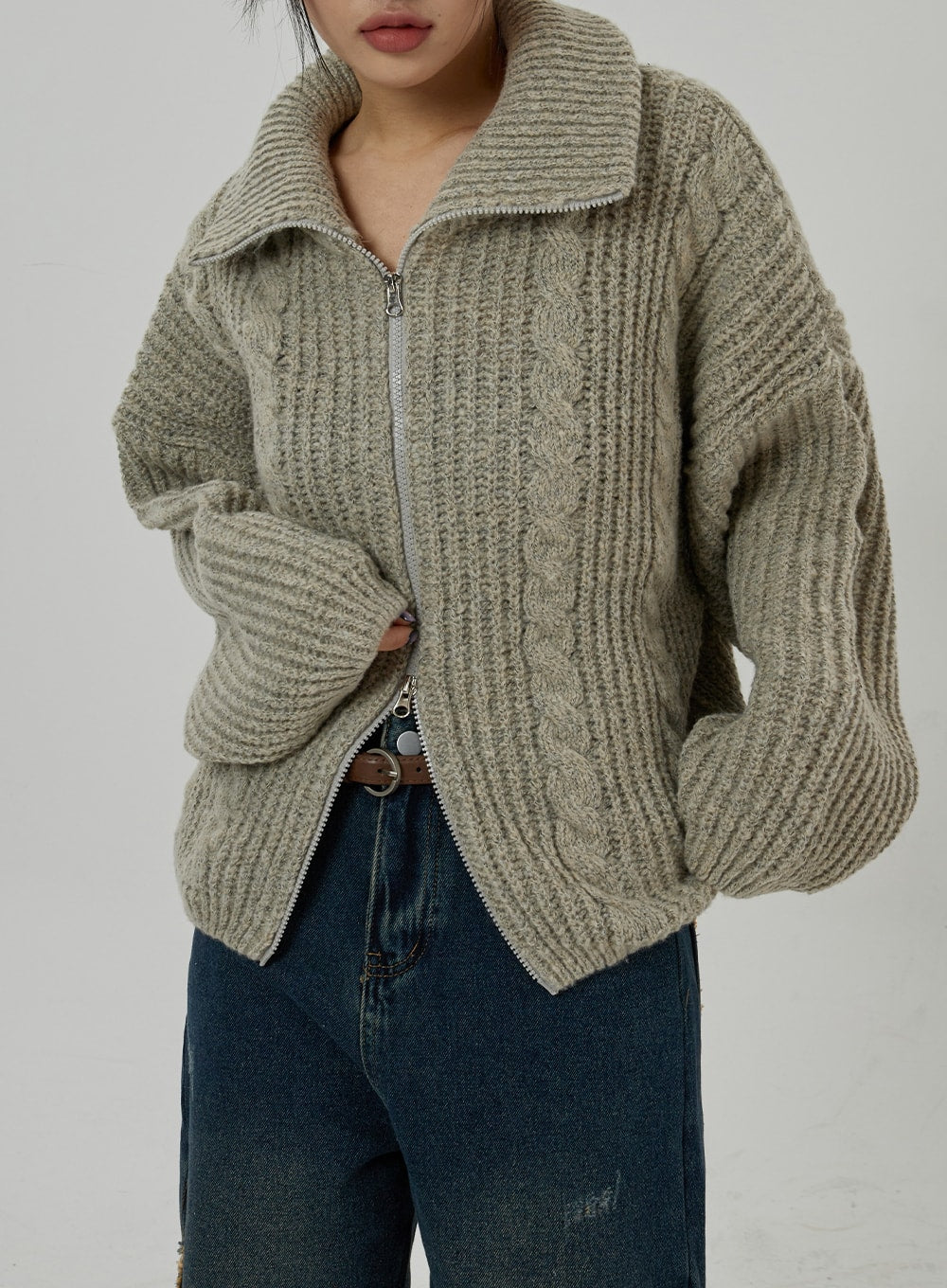 Twist Pattern Two Way Zipper Knit Cardigan CD20