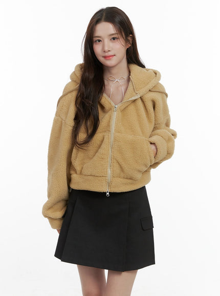 plush-faux-fur-hooded-jacket-os416 / Beige