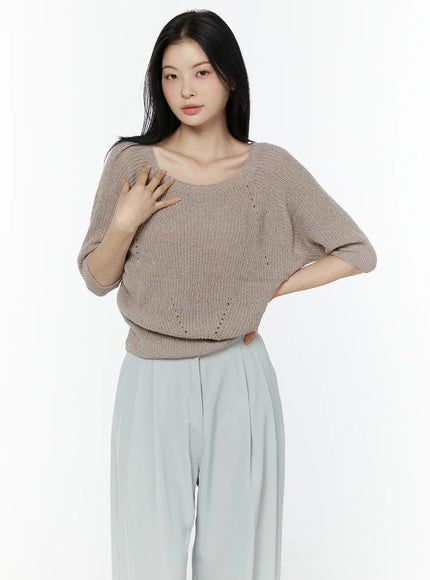 linen-half-sleeve-knit-tee-iu503 / Beige