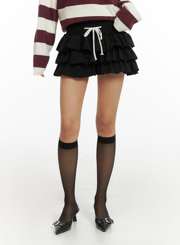 string-waist-ruffle-mini-skirt-ia417 / Black