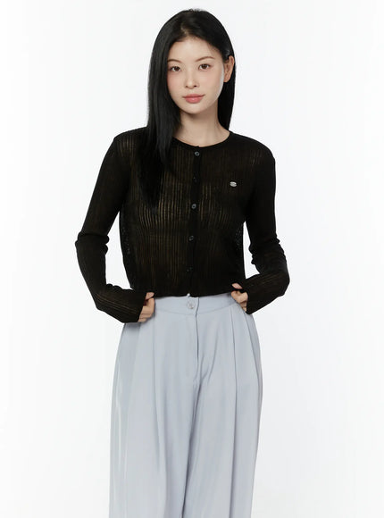 ribbed-crop-round-neck-cardigan-iu503 / Black