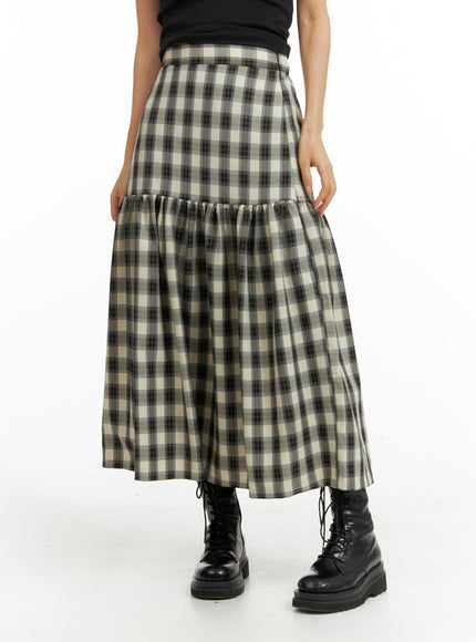 plaid-flare-maxi-skirt-im404 / Black
