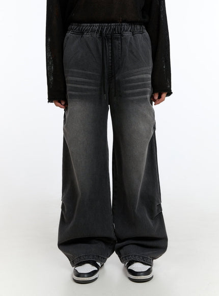 mens-banded-pintuck-washed-jeans-is412 / Black