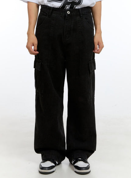 mens-cargo-pocket-denim-wide-leg-pants-black-ig416 / Black