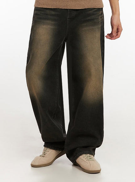 mens-vintage-washed-wide-leg-jeans-if517 / Black