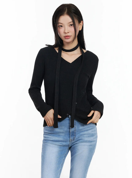 chic-v-neck-ribbed-knit-top-set-im524 / Black