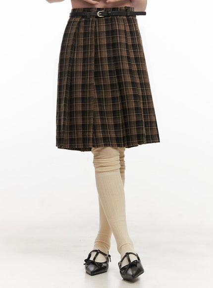 checkered-pleated-midi-skirt-ij527 / Brown