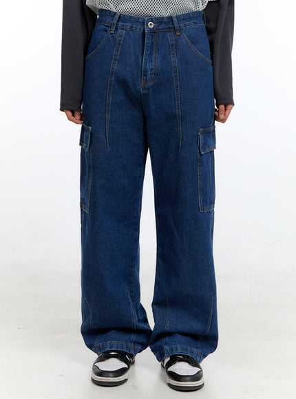 mens-cargo-pocket-denim-wide-leg-pants-dark-blue-ig416 / Dark blue