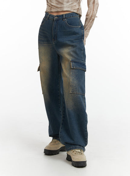 denim-high-waist-wide-leg-pocket-cargo-jeans-ij411 / Dark blue