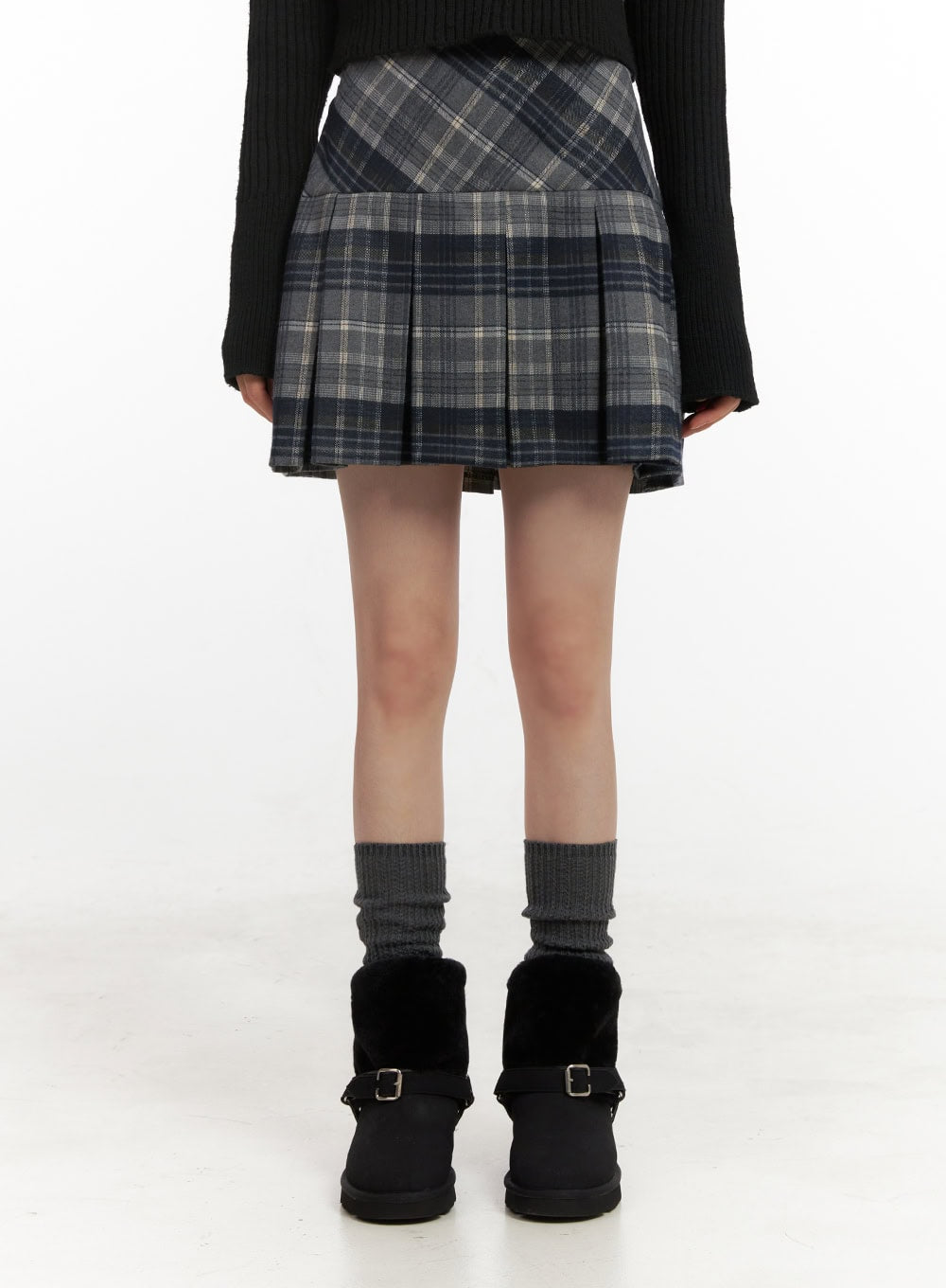 checkered-pleated-mini-skirt-in427 / Dark blue