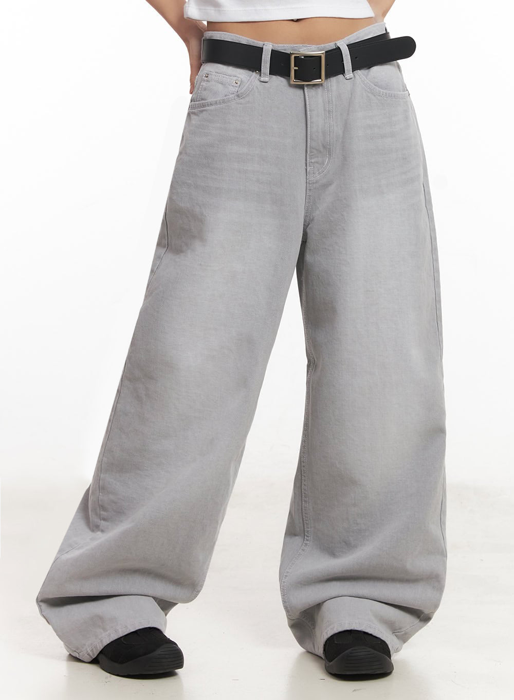 washed-cotton-wide-leg-pants-ia515 / Gray