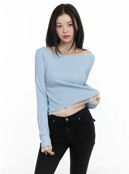 heart-lace-frill-hem-boat-neck-top-if520 / Light blue