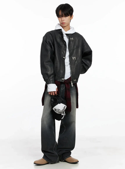 Men's Faux Leather Toggle Buckle Jacket IO516