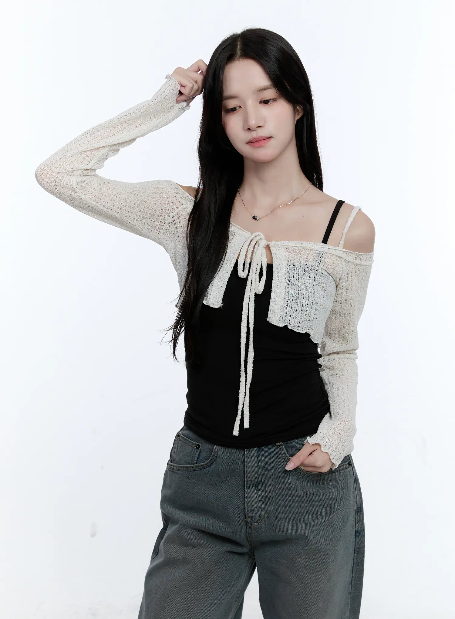 frilly-front-tie-cropped-bolero-cardigan-cg512 / White