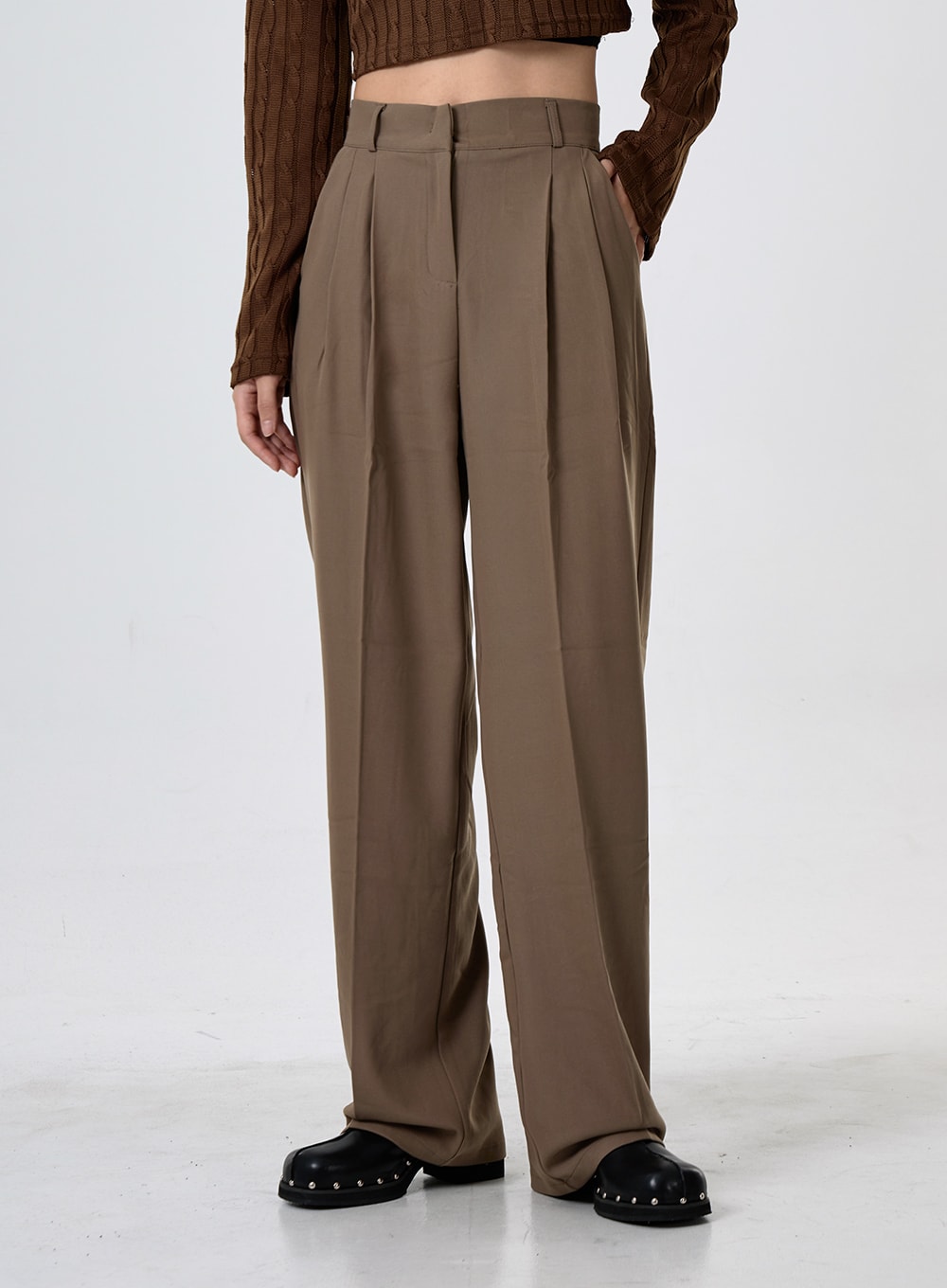  OTHER STORIES Wide-Leg High-Waist Pleated Trousers in Khaki Green