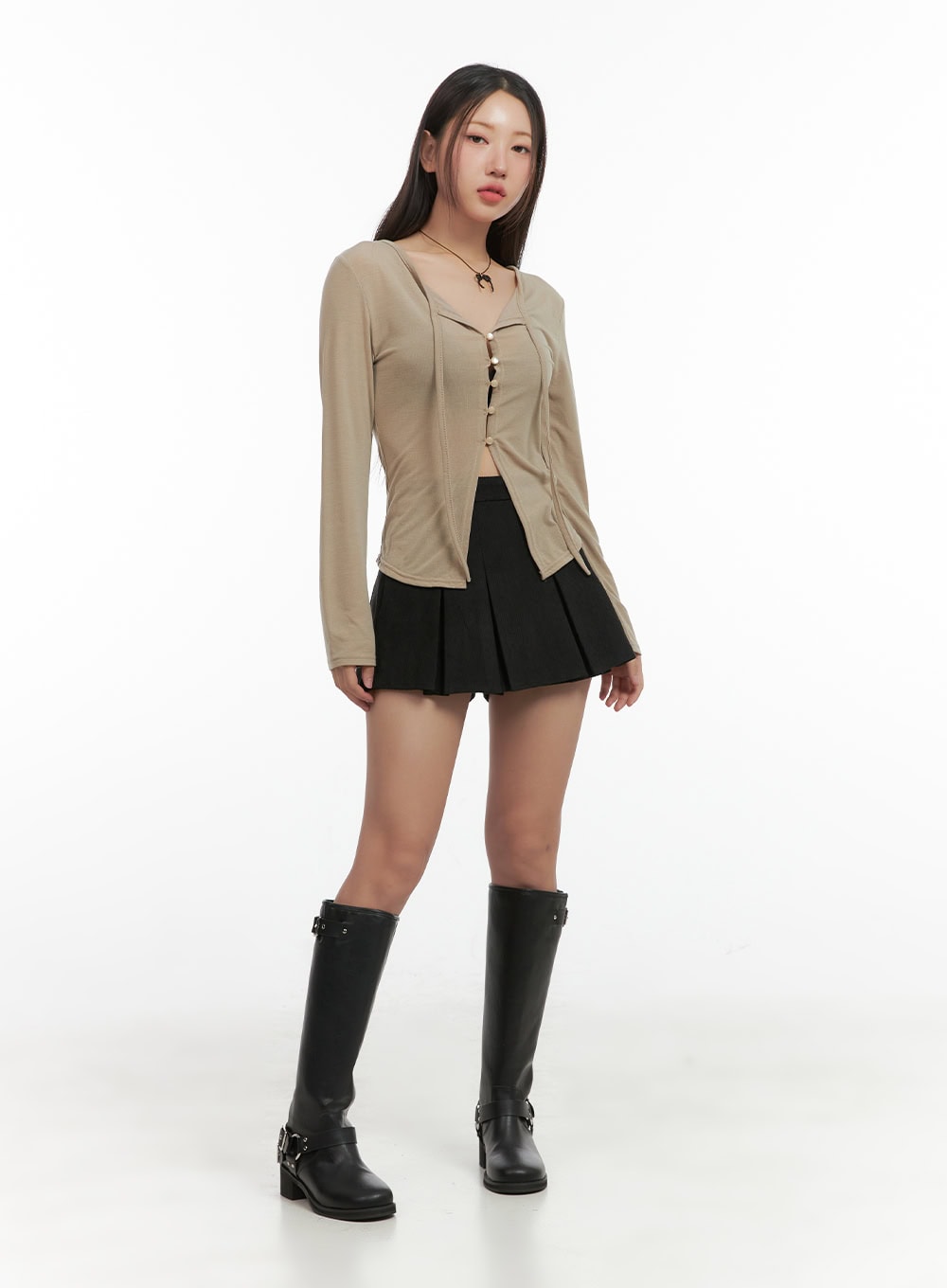 string-detail-long-sleeve-button-top-co417