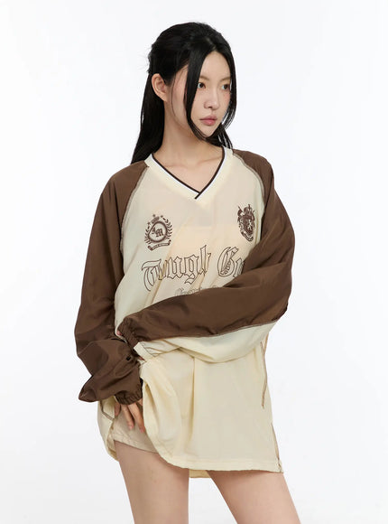 oversized-v-neck-graphic-sweatshirt-ca507 / Beige