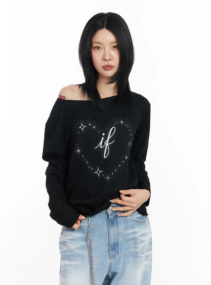 off-shoulder-graphic-long-sleeve-top-cf526 / Black