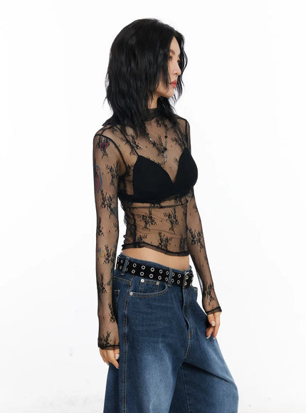floral-mesh-see-through-long-sleeve-top-cj522 / Black