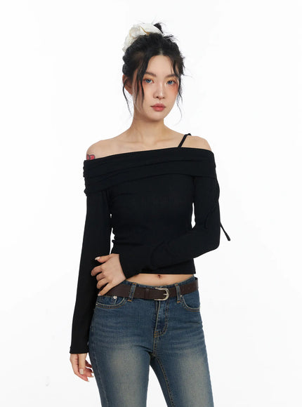 off-shoulder-ribbon-crop-top-cj523 / Black