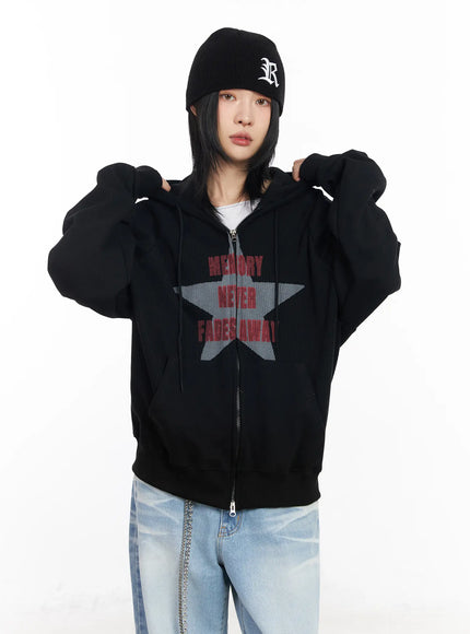 graphic-raglan-zip-up-hoodie-cf526 / Black