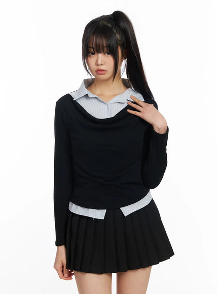 layered-button-up-cowl-neck-long-sleeve-top-cf504 / Black