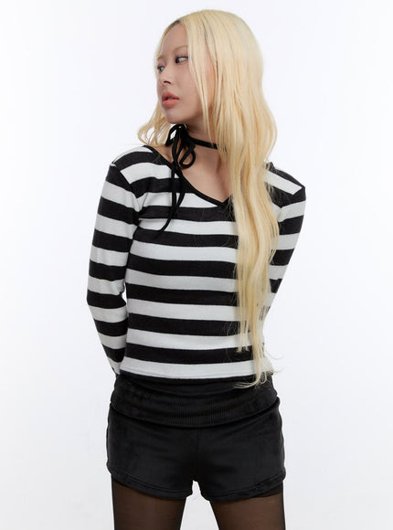 unbalanced-strip-v-neck-sleeve-crop-co419 / Black