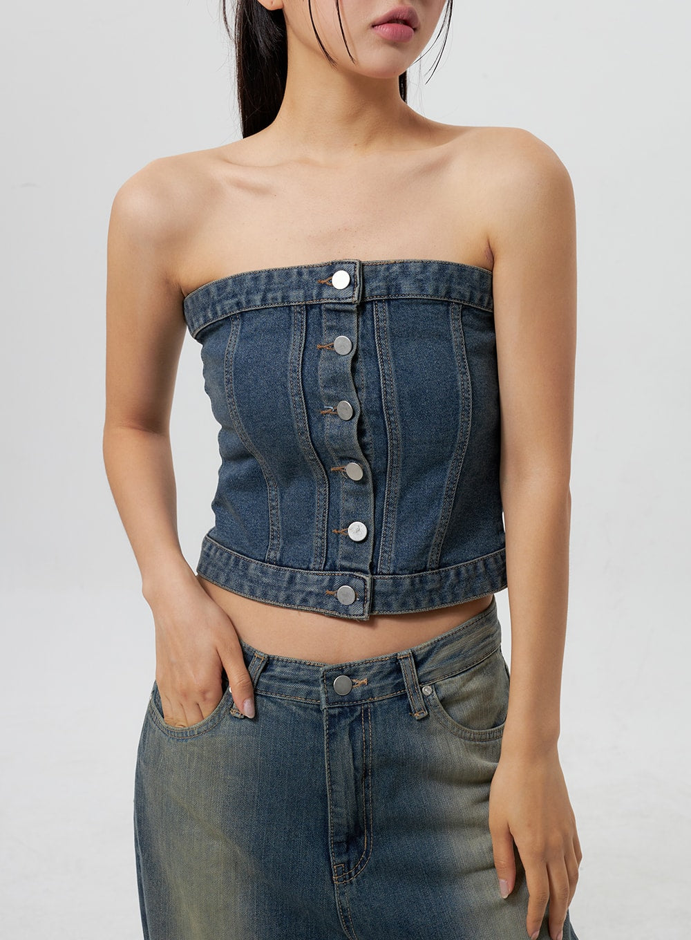 denim-button-tube-top-cy323