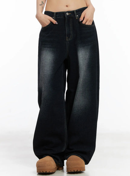 soph-fleece-lined-washed-wide-leg-jeans-cd509 / Dark blue