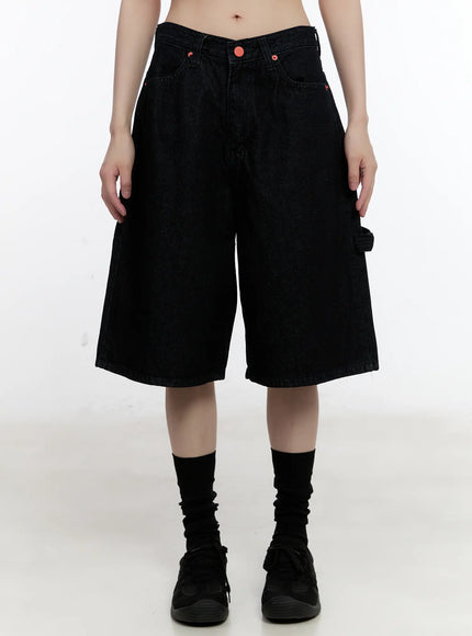 red-text-graphic-embroidered-jorts-cl504 / Dark blue