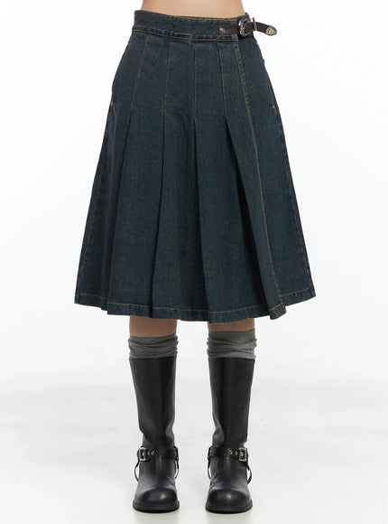 pleated-belted-denim-skirt-cn528 / Dark blue