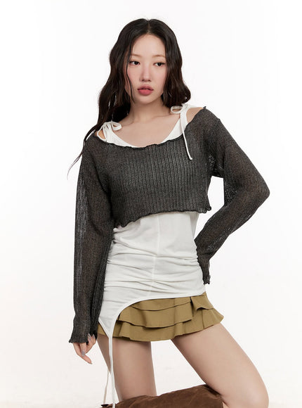 Sheer Knit Long-Sleeve Crop Top CM510