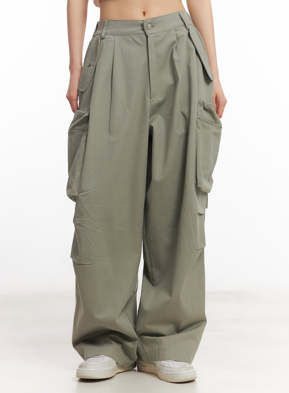 pintuck-cotton-cargo-baggy-pants-ca504 / Dark green