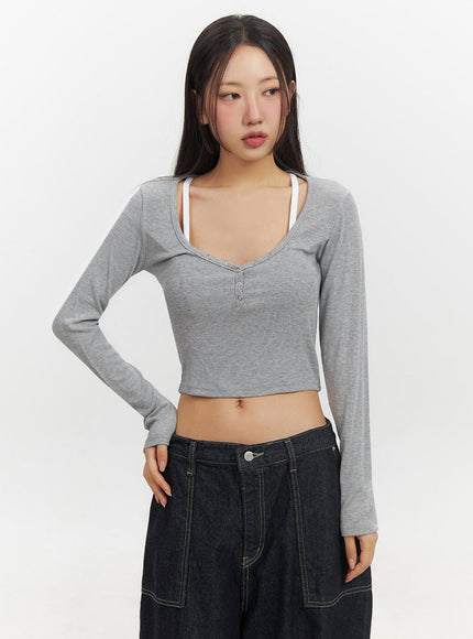 Buttoned Layered Long-Sleeve Crop Top IF510