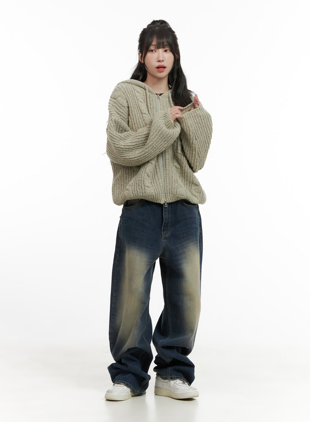 Oversized Cable Knit Zip-Up Hooded Sweater CG421 - Acubi