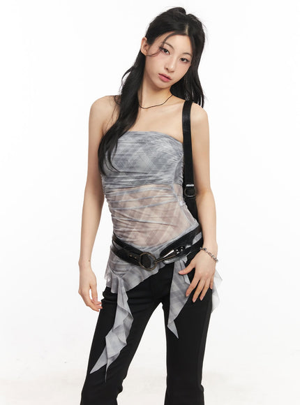 sheer-plaid-ruffle-tube-top-ca514 / Gray