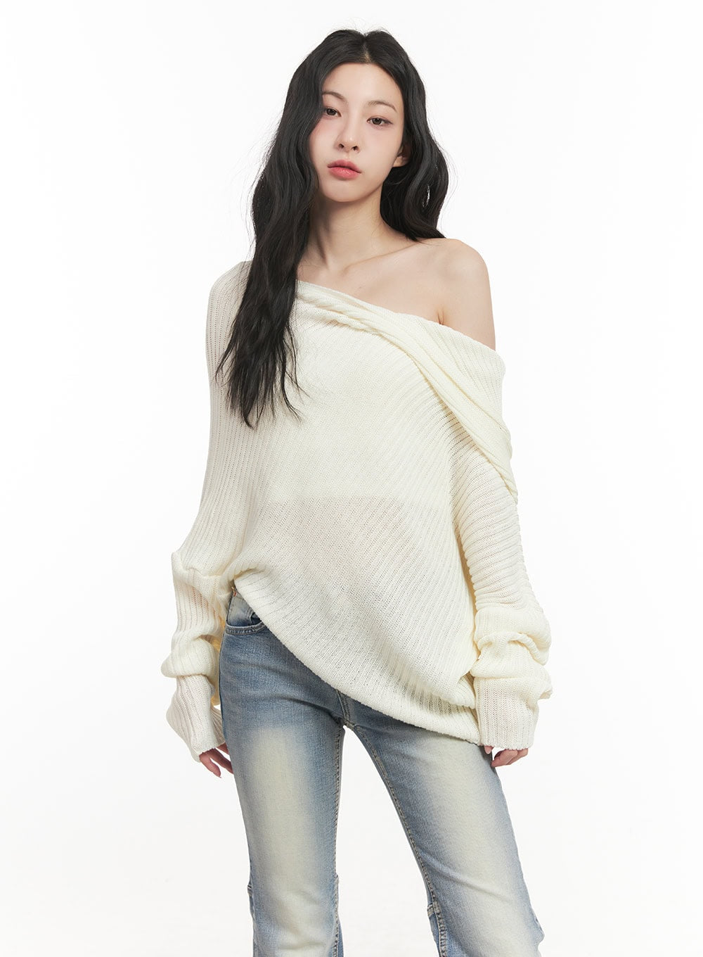 Ribbed Off-Shoulder Hooded Sweater CF513