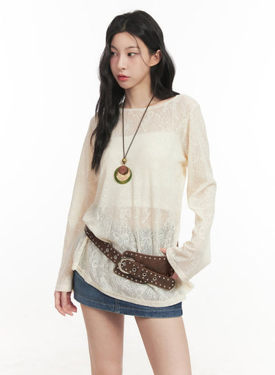 butterfly-lace-sheer-long-sleeve-top-cf513 / Light beige