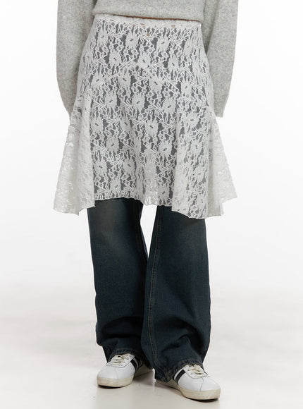 laced-flare-layering-midi-skirt-cj502 / Light beige