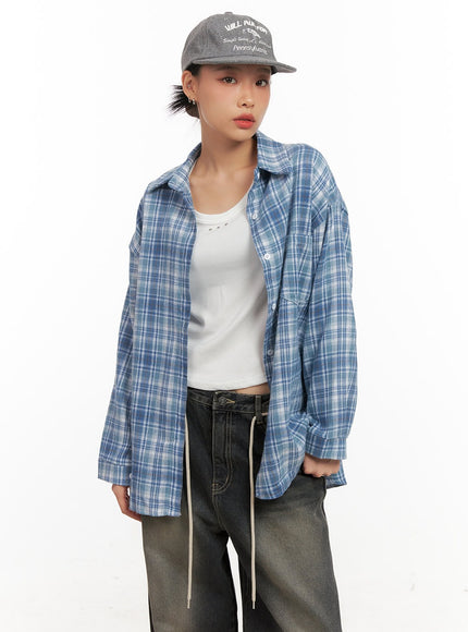 checkered-collared-button-up-blouse-cd410 / Light blue