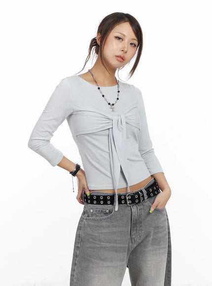 u-neck-ribbon-tie-3-4-sleeve-top-cf511 / Light gray